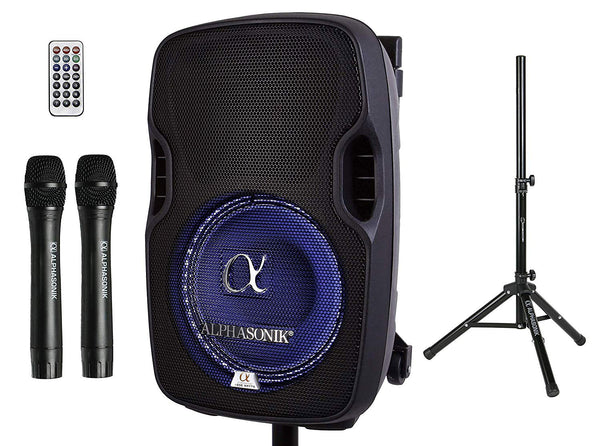 Alphasonik 8" Portable Rechargeable Battery Powered 800W Pro DJ Amplified Loud Speaker with 2 Wireless Microphones Echo Bluetooth USB SD Card Aux MP3 FM Radio PA System LED Ring Karaoke Tripod Stand