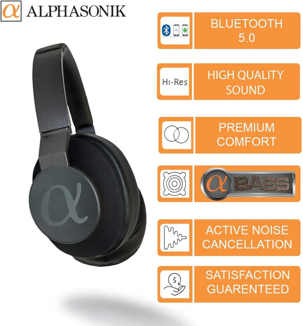 Alphasonik V80BN Active Noise Canceling Headphones Bluetooth Wireless with Microphone Alpha Deep Bass Wireless Headphones Over Ear, Cooling Foam Earpads, 30 Hours Playtime for Travel/Work