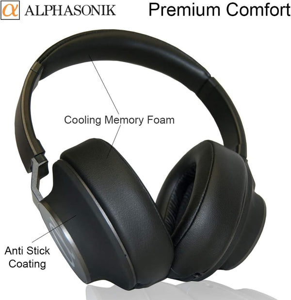 Alphasonik V80BN Active Noise Canceling Headphones Bluetooth Wireless with Microphone Alpha Deep Bass Wireless Headphones Over Ear, Cooling Foam Earpads, 30 Hours Playtime for Travel/Work