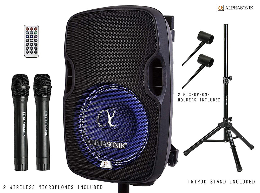 Alphasonik 12" Portable Rechargeable Battery Powered 1200W PRO DJ Amplified Loud Speaker with 2 Wireless Microphones Echo Bluetooth USB SD Card AUX MP3 FM Radio PA System LED Ring Karaoke Tripod Stand