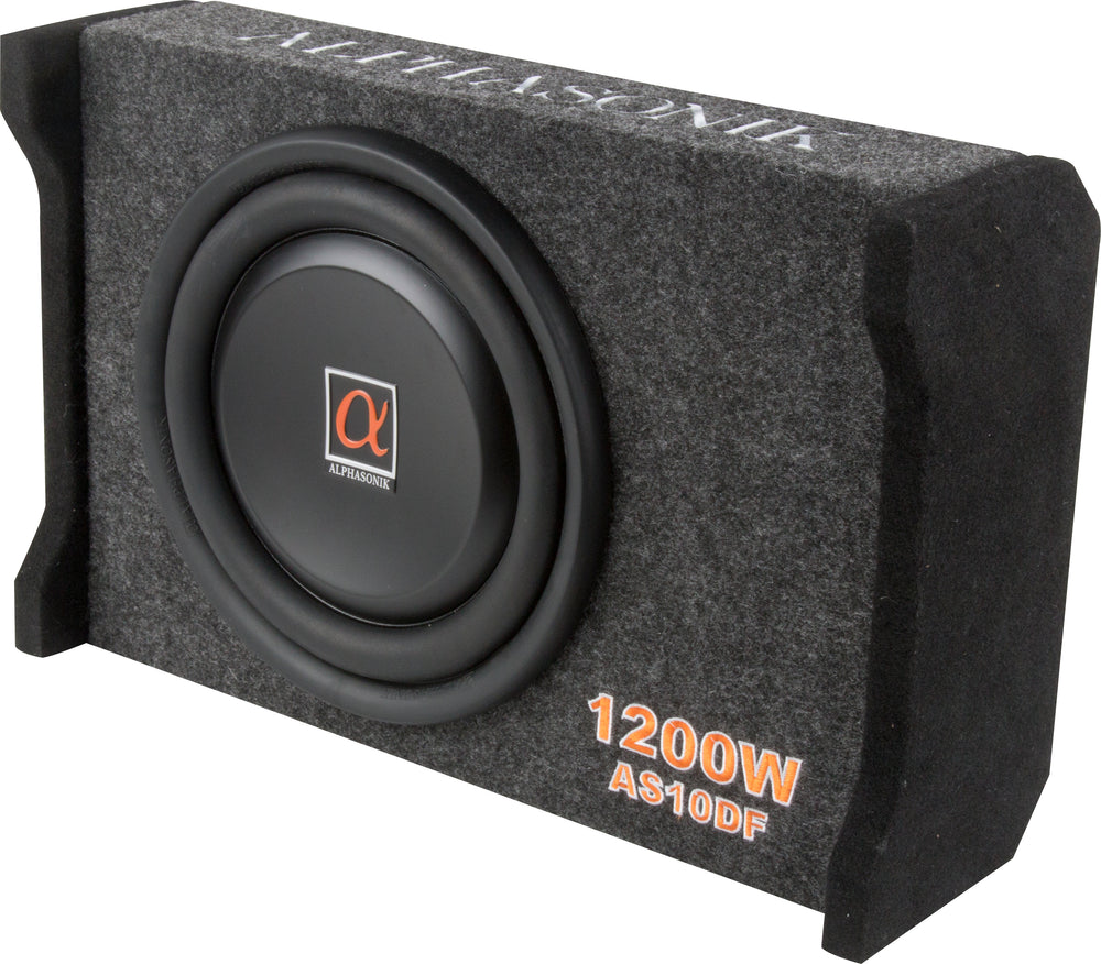 Alphasonik AS10DF 10" 1200 Watts 4-Ohm Down Fire Shallow Mount Flat Enclosed Sub woofer for Tight Spaces in Cars and Trucks, Slim Thin Loaded Subwoofer Air Tight Sealed Bass Enclosure