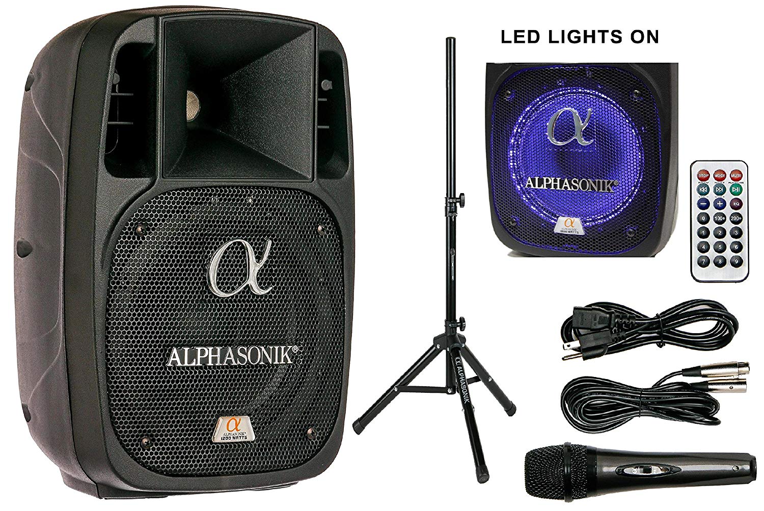 Alphasonik 8" Powered 1200W PRO DJ Amplified Loud Speaker Bluetooth USB SD Card AUX MP3 FM Radio PA System LED Ring Karaoke Mic Main Monitor, Band Church, Party, Guitar Amp, Home, BBQ w/ Tripod Stand