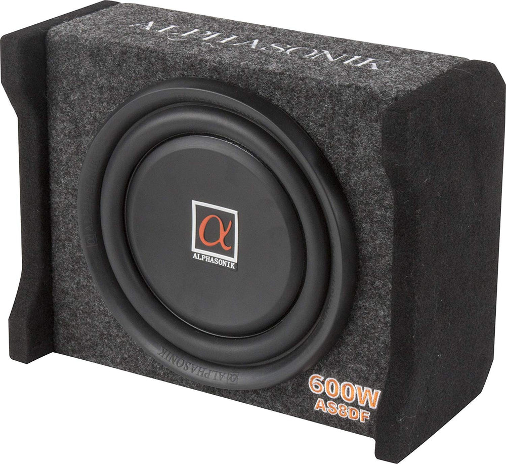 Alphasonik AS8DF 8 inch 600 Watts 4-Ohm Down Fire Shallow Mount Flat Enclosed Sub woofer for Tight Spaces in Cars and Trucks, Slim Thin Loaded Subwoofer Air Tight Sealed Bass Enclosure