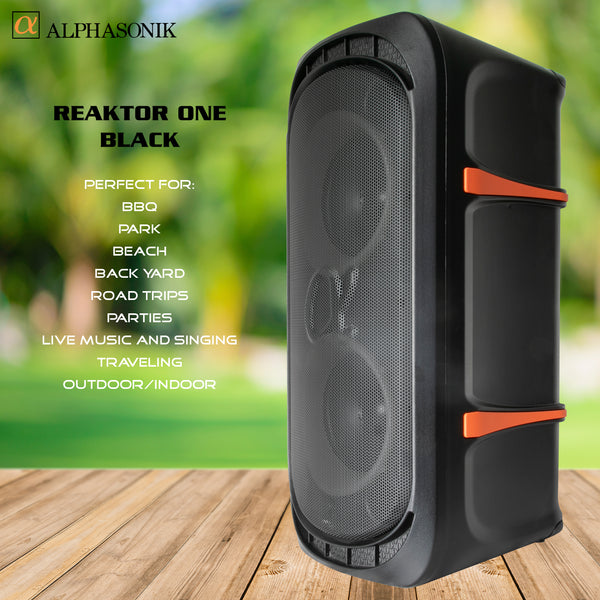 Alphasonik ReaktorOne Battery Powered Portable Party Speaker Box Alpha Bass Bluetooth Mic and Guitar Inputs Phone Charger USB Player AUX App Control