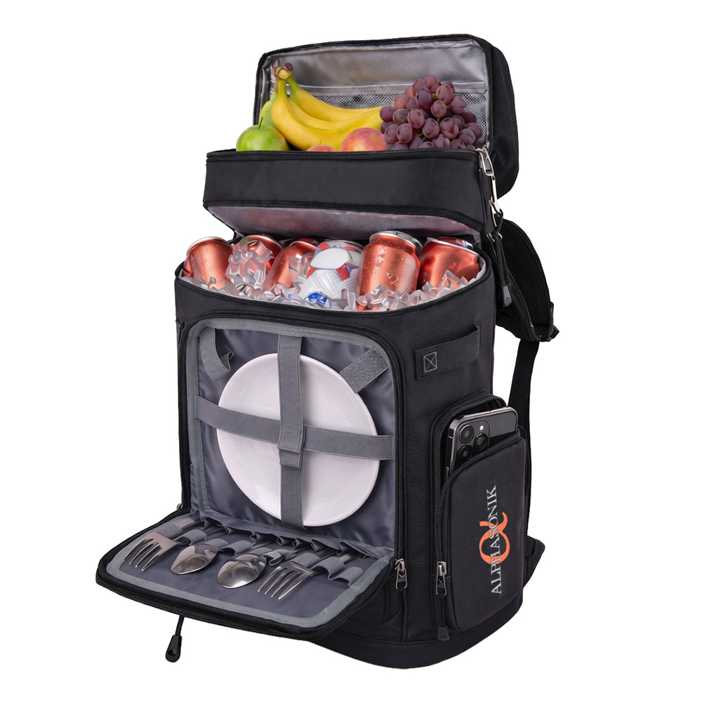 Alphasonik Cooler Backpack With Lifetime Guarantee- 40 Cans Insulated Backpack Cooler for Men & Women, 2 Leak Proof Compartments Coolers Bag for Beach Travel Picnic Hiking BBQ Fishing Outdoor Camping (Black)