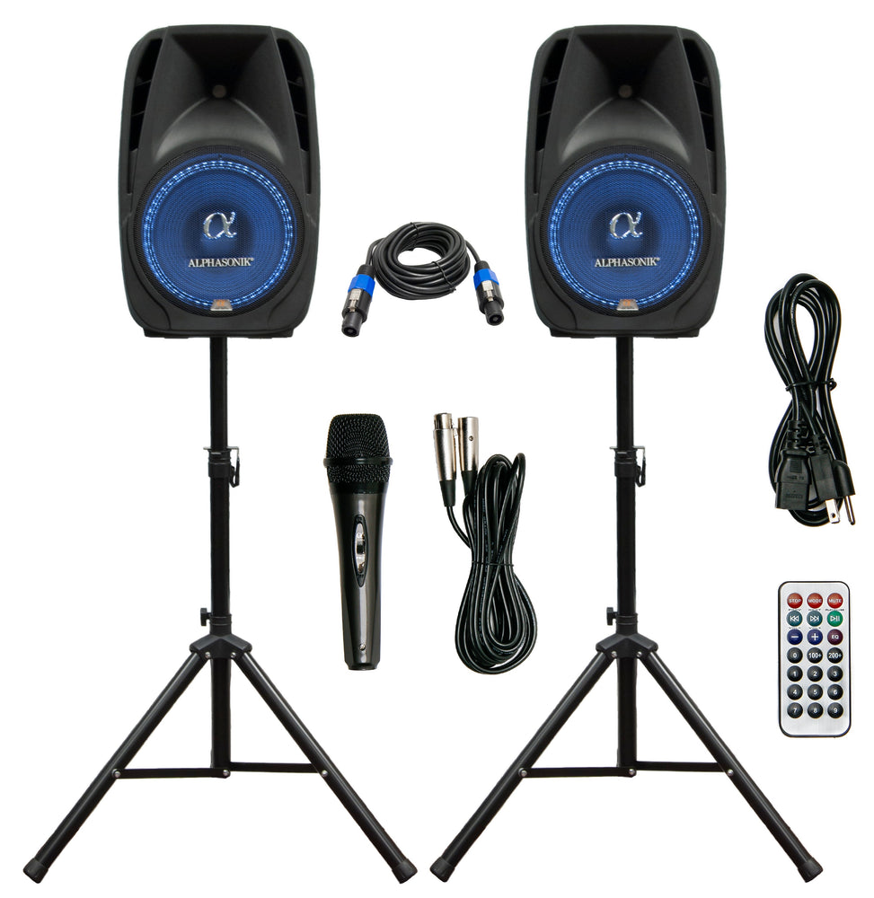 Pair Alphasonik All-in-one 10" Powered 1000W PRO DJ Amplified Loud Speakers with Bluetooth USB SD Card AUX MP3 FM Radio PA System LED Lights Karaoke Mic Guitar Amp 2 Tripod Stands Cable and Microphone