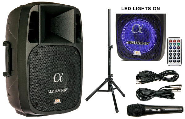 Alphasonik 15" Powered 2800W PRO DJ Amplified Loud Speaker Bluetooth USB SD Card AUX MP3 FM Radio PA System LED Ring Karaoke Feature Mic (Main Monitor, Band, Church, Party, Guitar Amp) w/ Tripod Stand