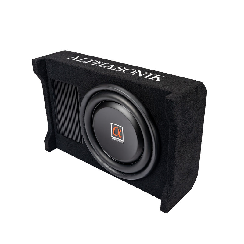 Alphasonik AS100A 10" 1200 Watts MAX Built-in Amplifier Down Fire Shallow Mount  Enclosed for Tight Spaces in Cars and Trucks, Slim Thin Loaded Subwoofer Air Tight Sealed Bass Enclosure