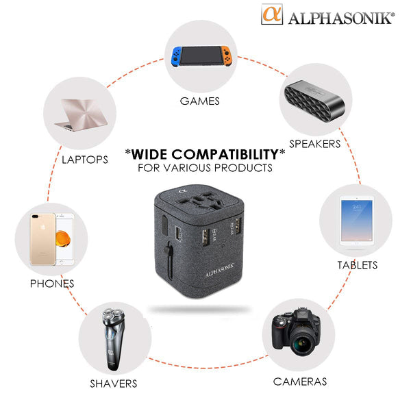 Alphasonik APA100 Worldwide Universal International Travel Power Adapter AC Wall Charger Plug 4 USB Ports Type-C Fast Charging 3.0A for USA UK European Cell Phone Tablet Laptop iPhone W/Travel Case