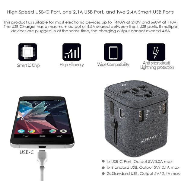 Alphasonik APA100 Worldwide Universal International Travel Power Adapter AC Wall Charger Plug 4 USB Ports Type-C Fast Charging 3.0A for USA UK European Cell Phone Tablet Laptop iPhone W/Travel Case