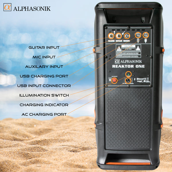 Alphasonik ReaktorOne Battery Powered Portable Party Speaker Box Alpha Bass Bluetooth Mic and Guitar Inputs Phone Charger USB Player AUX App Control